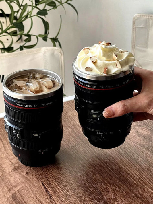 Caneca Criativa Térmica Lente de  Câmera com Tampa 350 ml