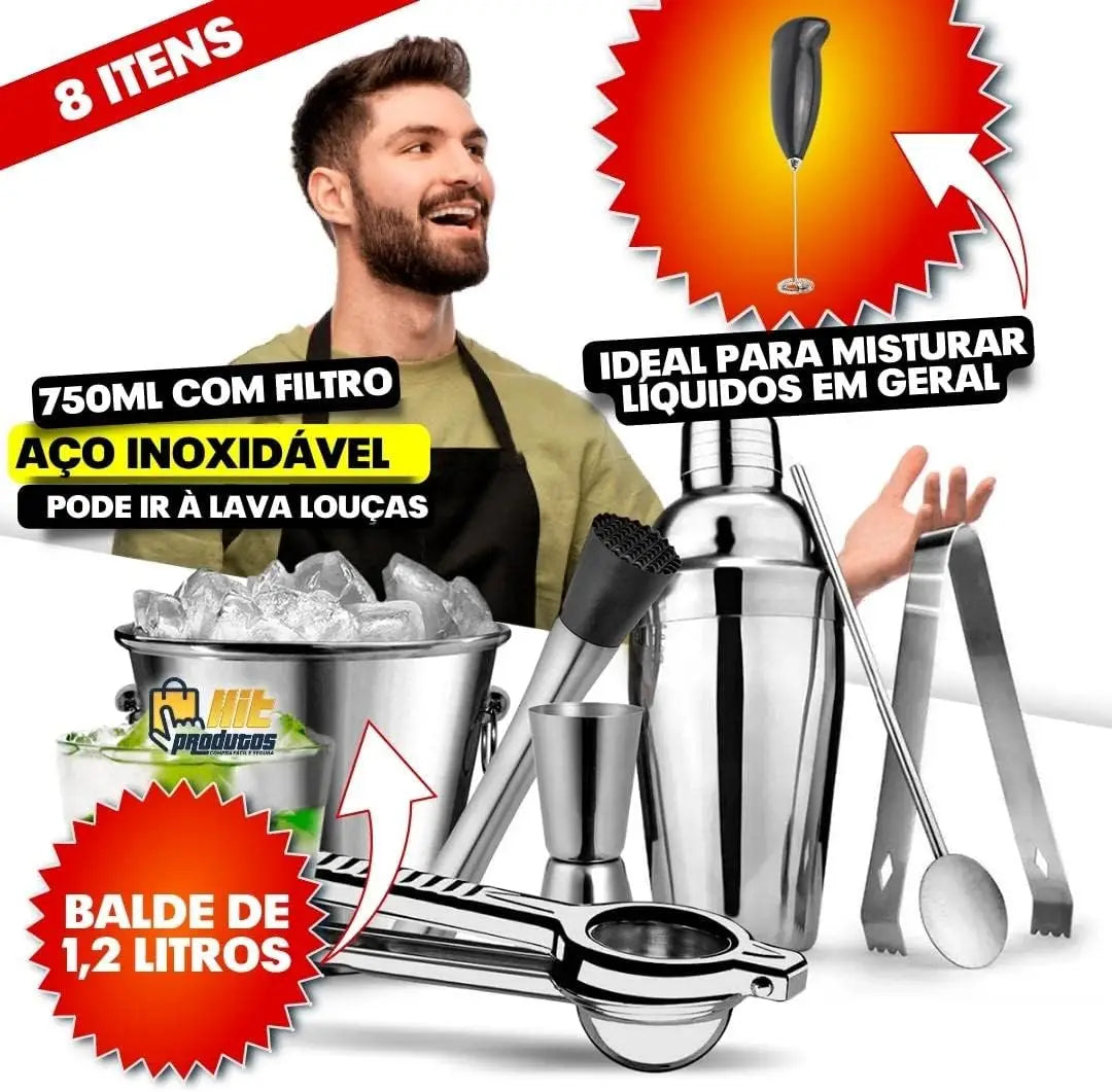 Inox Coqueteleira 750ml (balde De Gelo, Dosador Etc) + Misturador de Bebidas